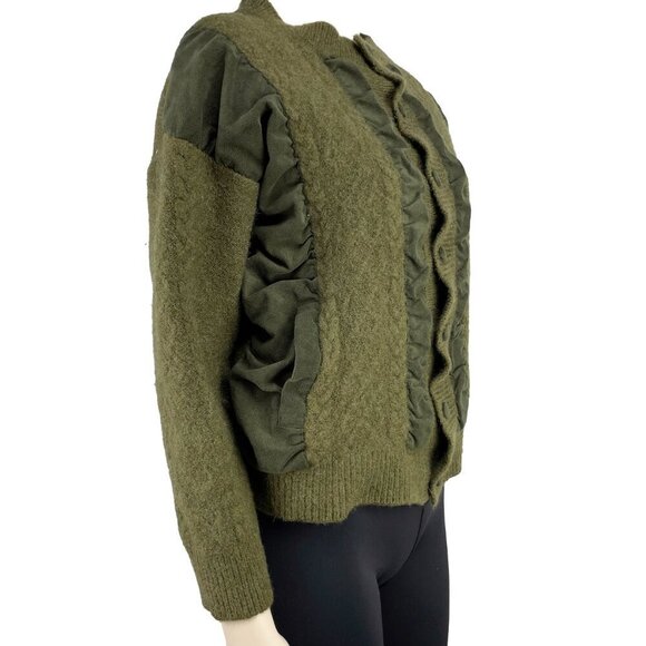 MONTAGUT VTG Wool Boxy Button up Ruffled Velevet Suede Green Cardigan s S-M - Picture 2 of 11